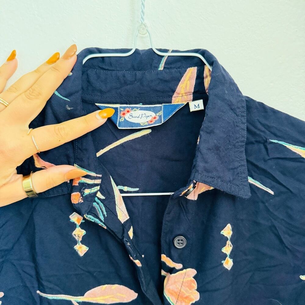 VINTAGE 90s SAND PIPER Dark Navy Blue Beige Abstract Floral Blouse Shirt Top M - Picture 3 of 14